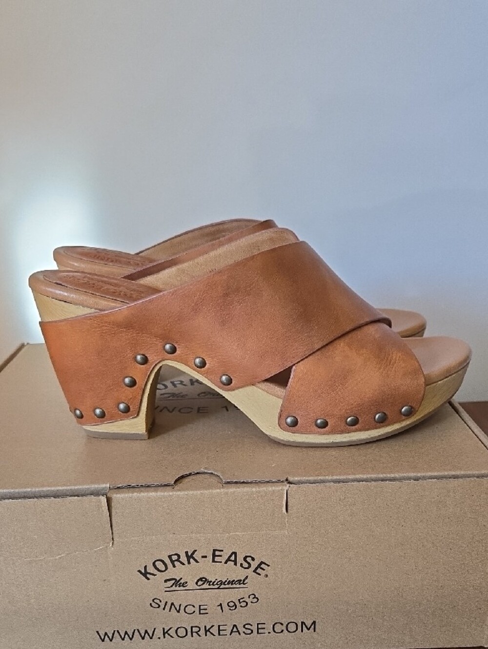 Kork-Ease Gracie Wooden Heel Cognac Leather Crossover Platform Mules - Picture 2 of 7